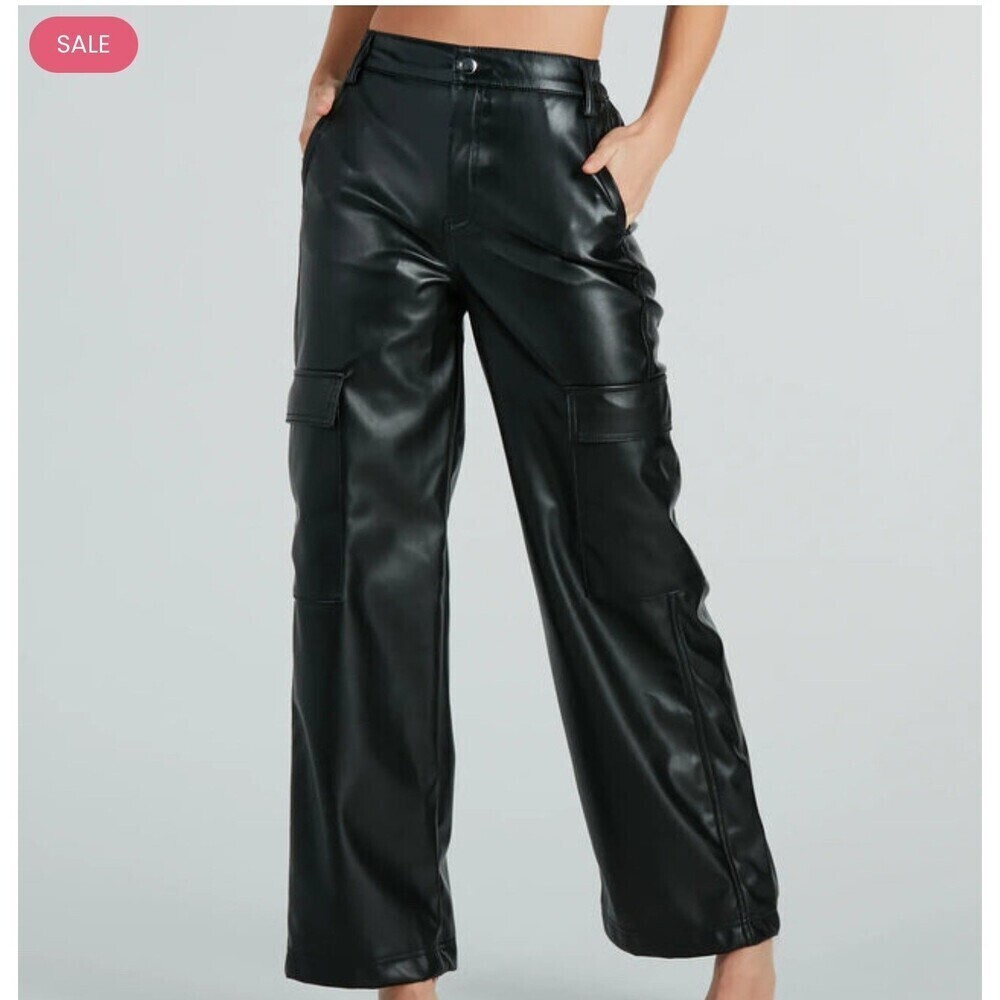 Windsor  Faux Leather Wide-Leg Pants cargo black multi-pockets SZ LG zip/button